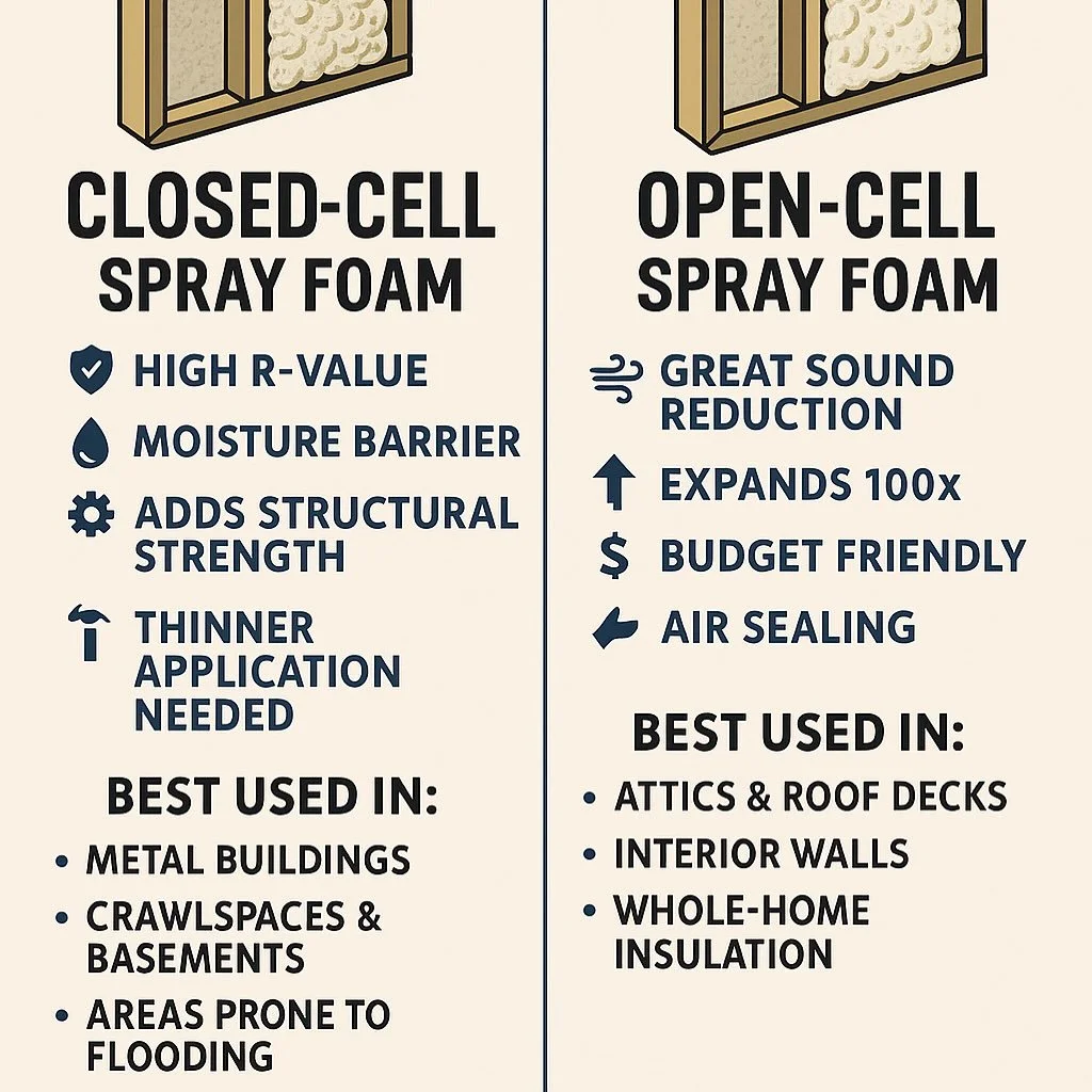 🔥 Closed-Cell vs Open-Cell Spray Foam &mdash; Which One Do YOU Need? 🔥
Most homeowners don&rsquo;t realize there&rsquo;s a major difference between the two. The right foam can improve comfort, reduce energy bills, control moisture, and protect your