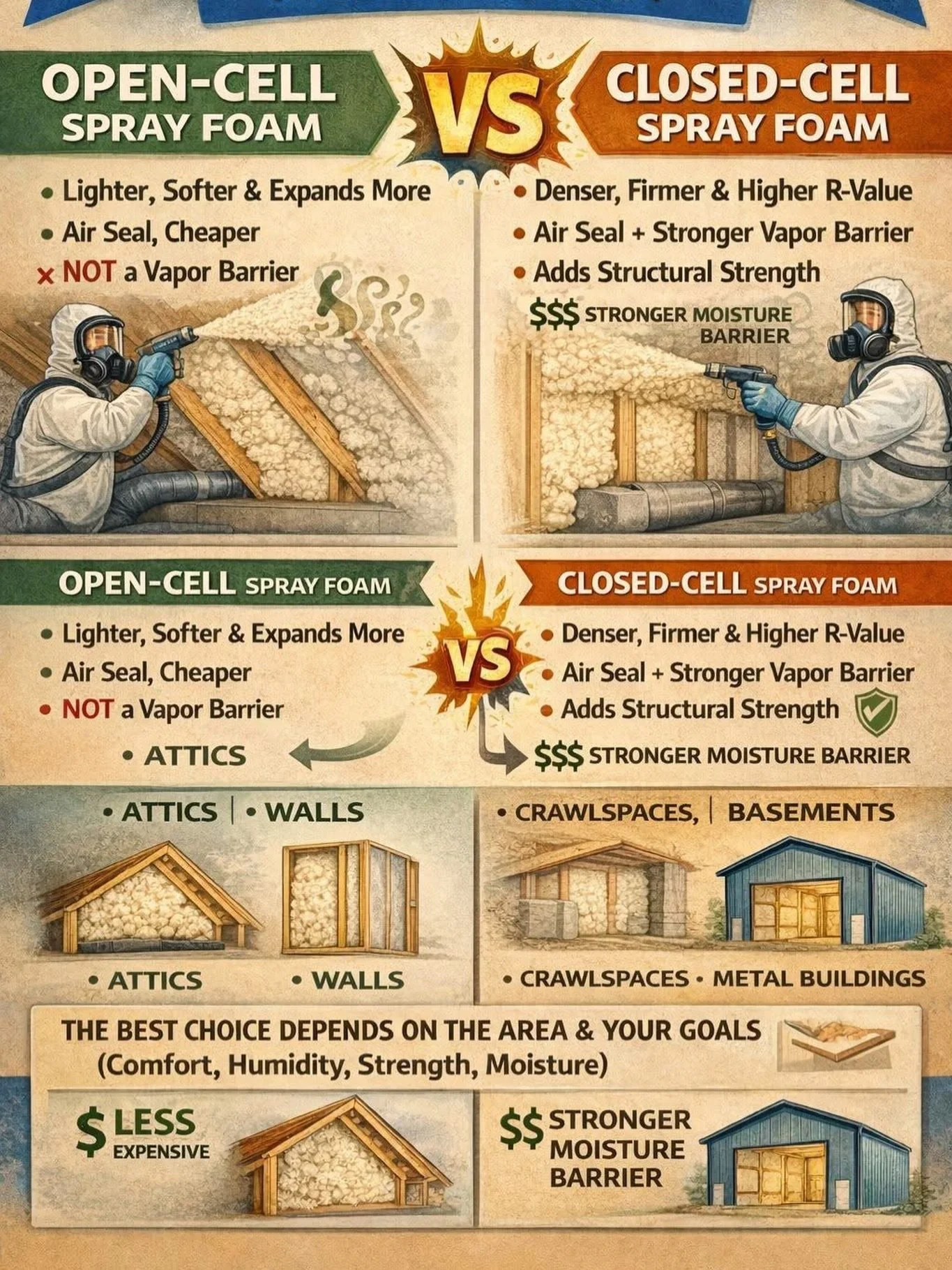 Thinking about spray foam insulation?
Open-cell and closed-cell each solve different problems &mdash; comfort, humidity, strength, and moisture control.
The best choice isn&rsquo;t about hype&hellip; it&rsquo;s about your home.