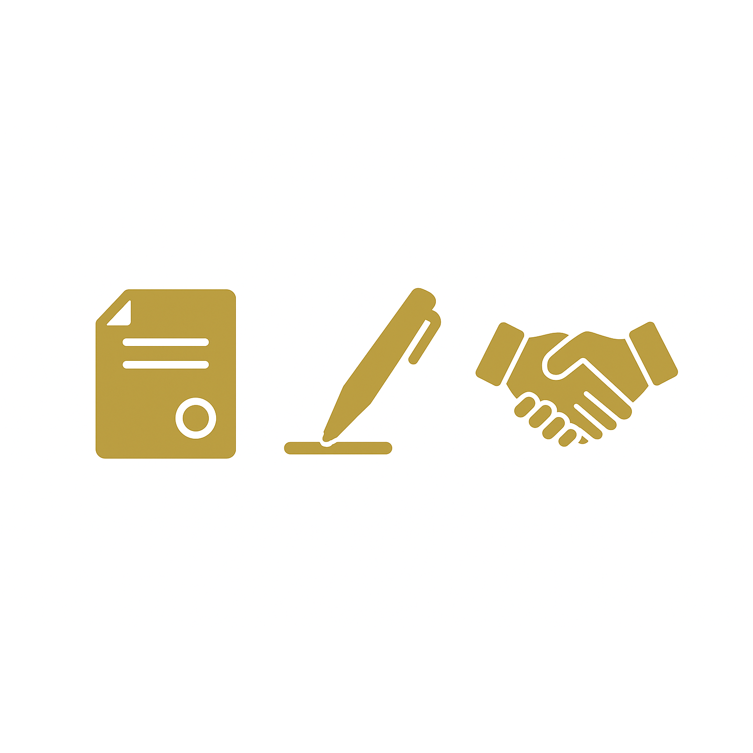 Icons of a document, a pen signing a paper, and a handshake, symbolizing signing an agreement or contract.