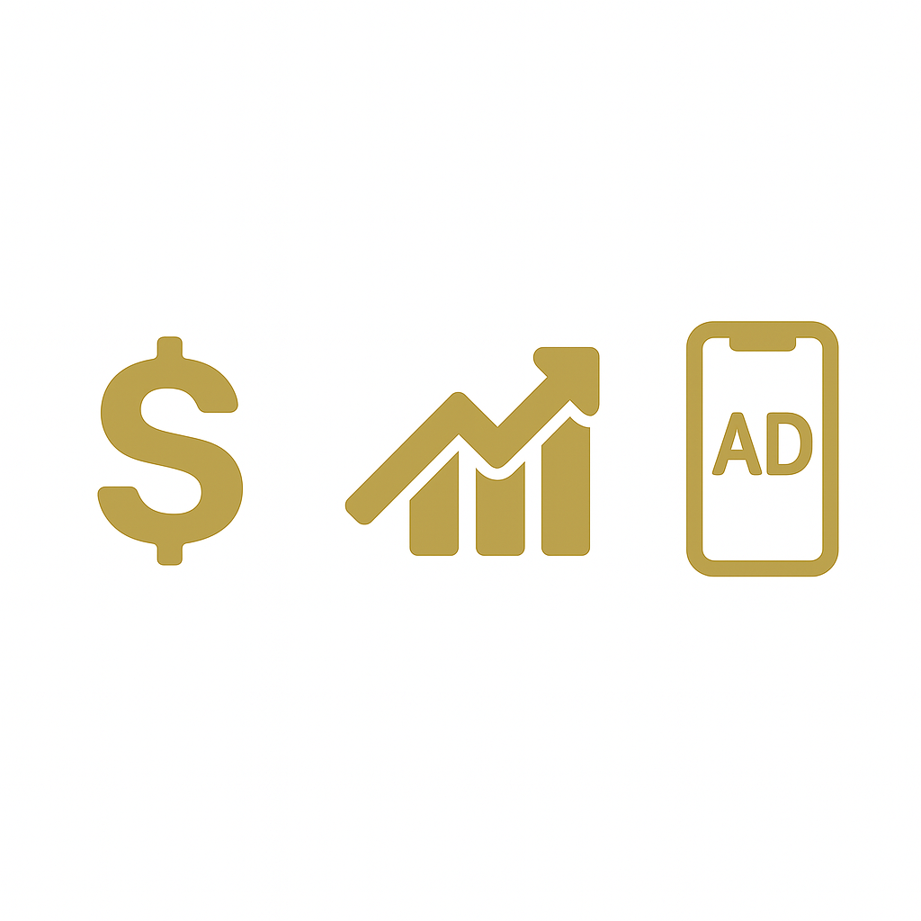 Gold icons of a dollar sign, an upward trending bar chart, and a mobile phone with the word 'AD' on the screen, representing monetization, growth, and mobile advertising.