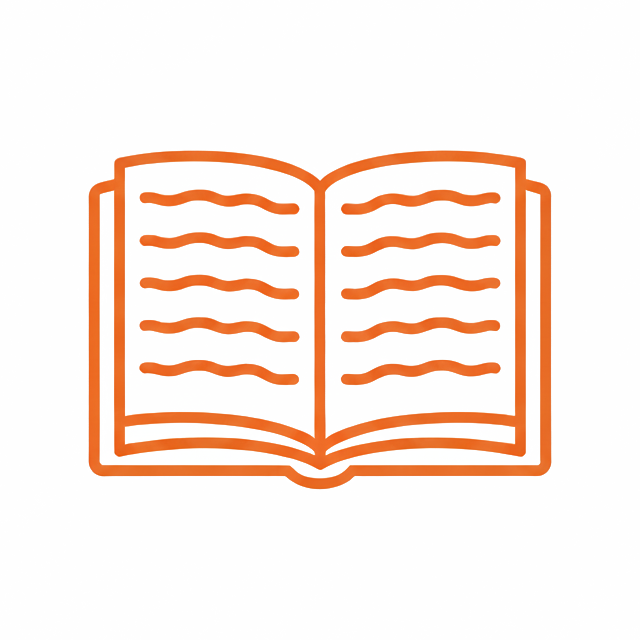 Open book icon with orange outline and wavy lines representing text.