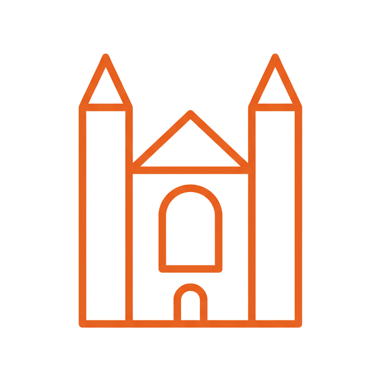Outline drawing of a castle with two tall towers and a central gateway, in orange lines.