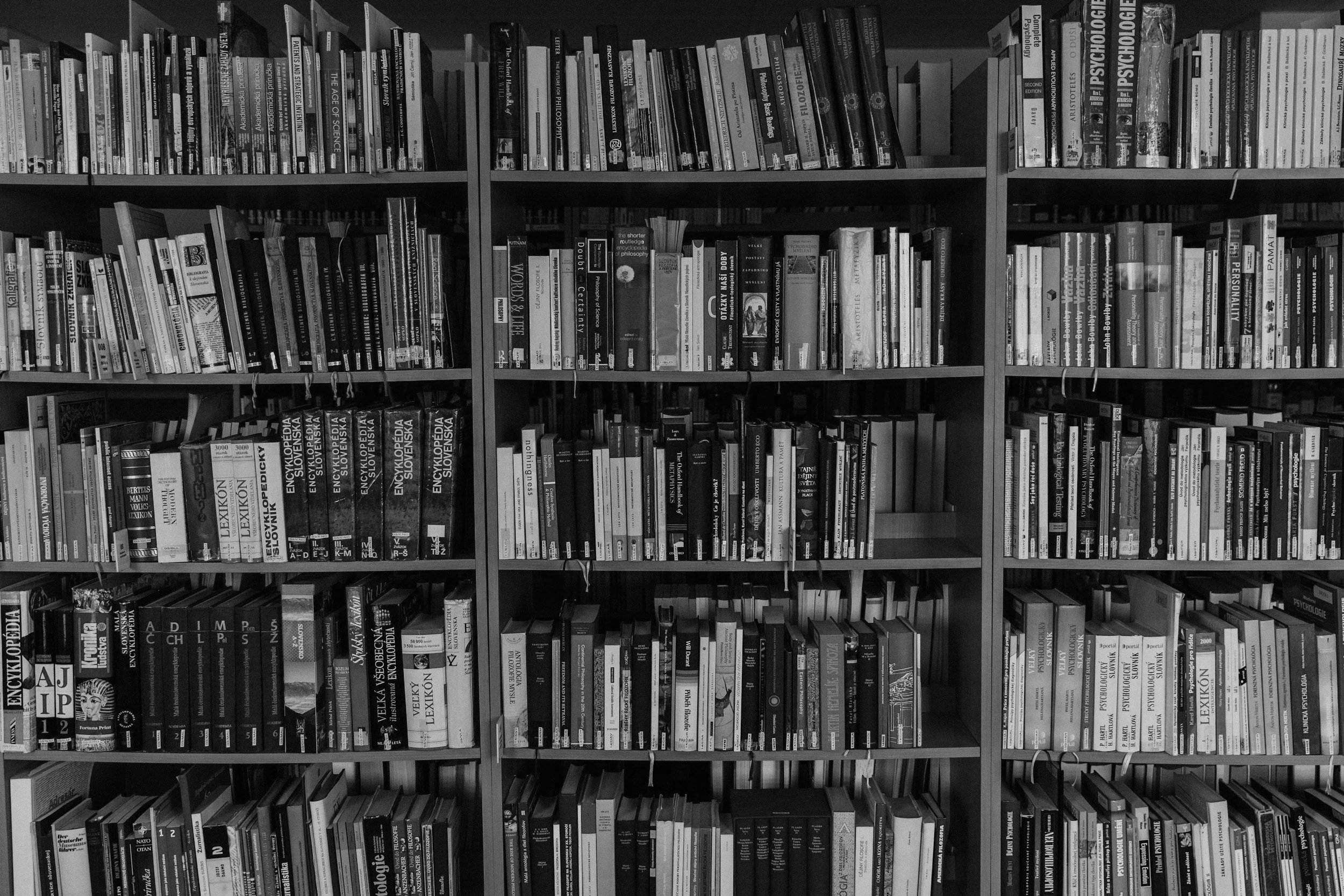 Boghylle med mange bøger på hylder i et bibliotek.