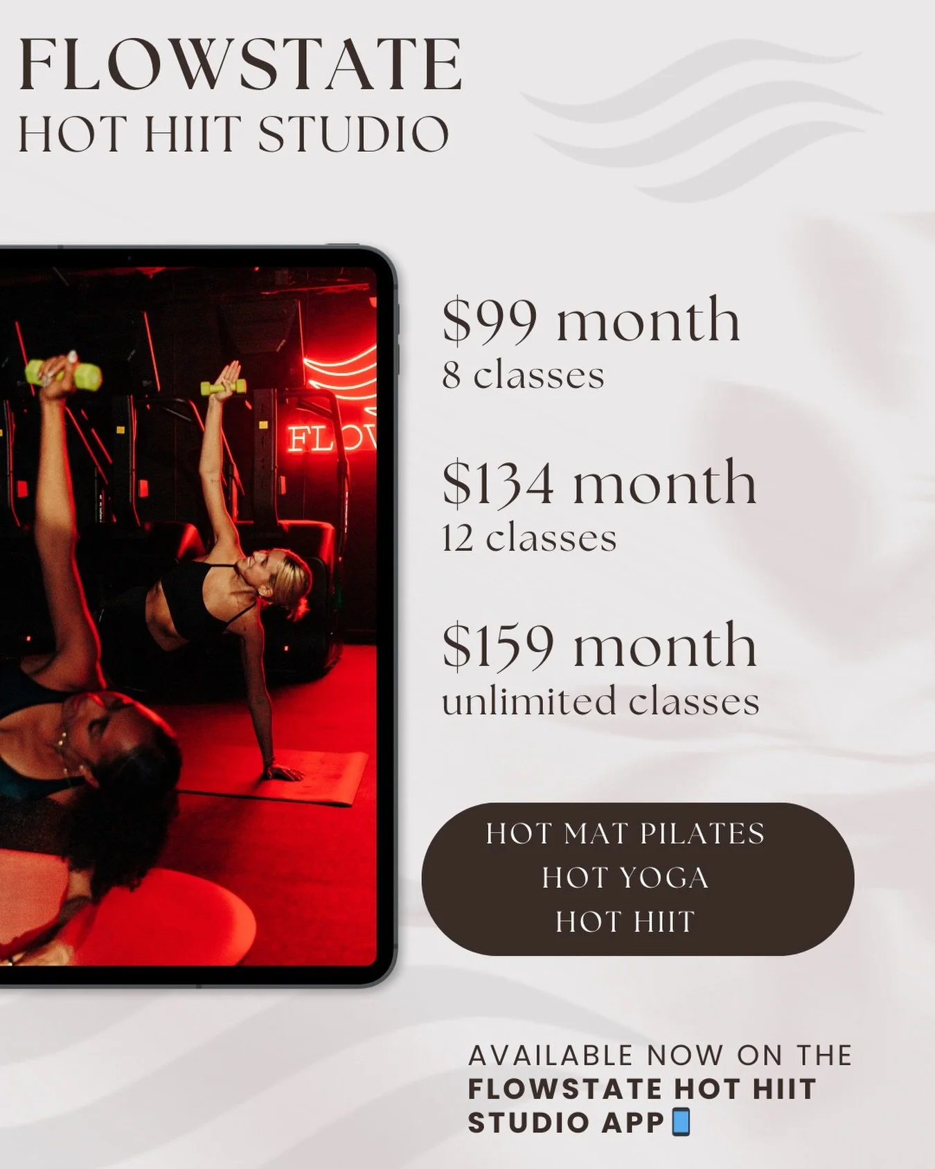 Not sure where to start? Start with a free class in the app ✨

Download the Flowstate app, book your first session on us, and explore memberships designed to fit real life, starting at $99/month.

No contacts, ever.  Life happens, cancel anytime 🫶

