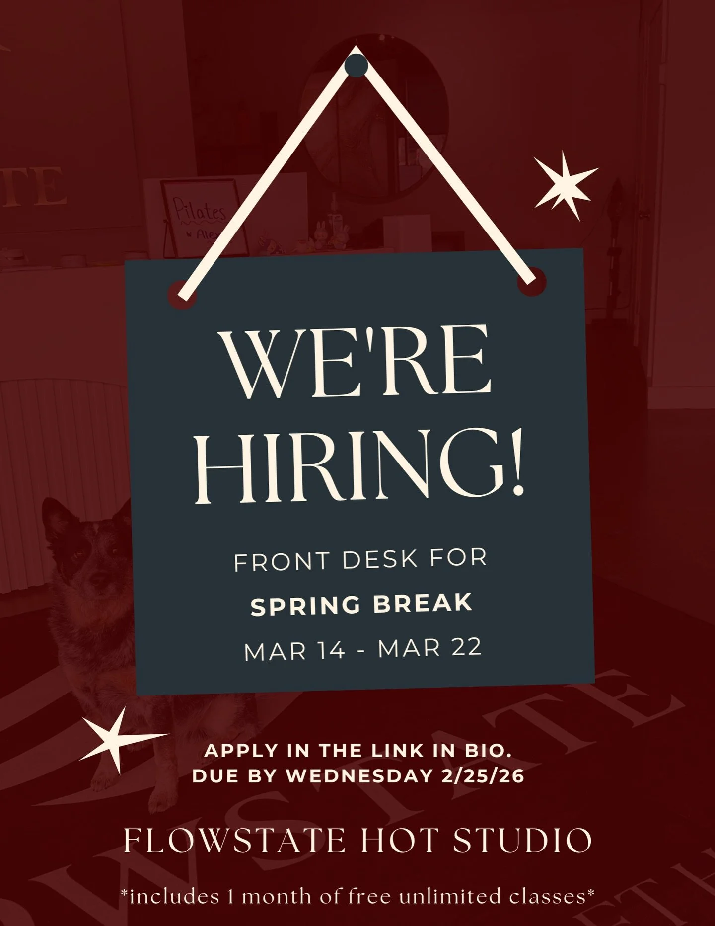 Hiring temporary Front Desk 🫶 (Mar 14&ndash;22)

We&rsquo;re looking for people who bring good energy, are detail oriented, and care about how others feel when they walk into the studio ✨

Apply through the link in bio today.  Applications are due b