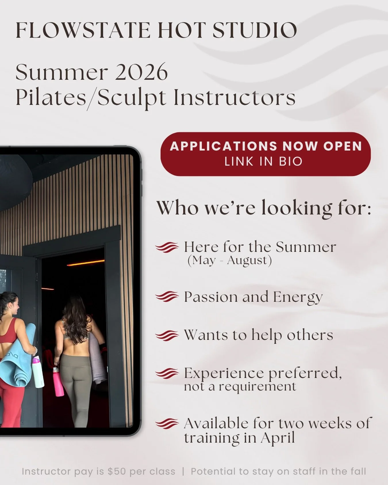 That time of the semester is here 🥳 Applications are now open for Pilates and Sculpt instructors for Summer 2026.

Application Deadline: March 31 - 11:59 PM

We want to meet you! We&rsquo;re looking for people who light up a room, have an impact on 