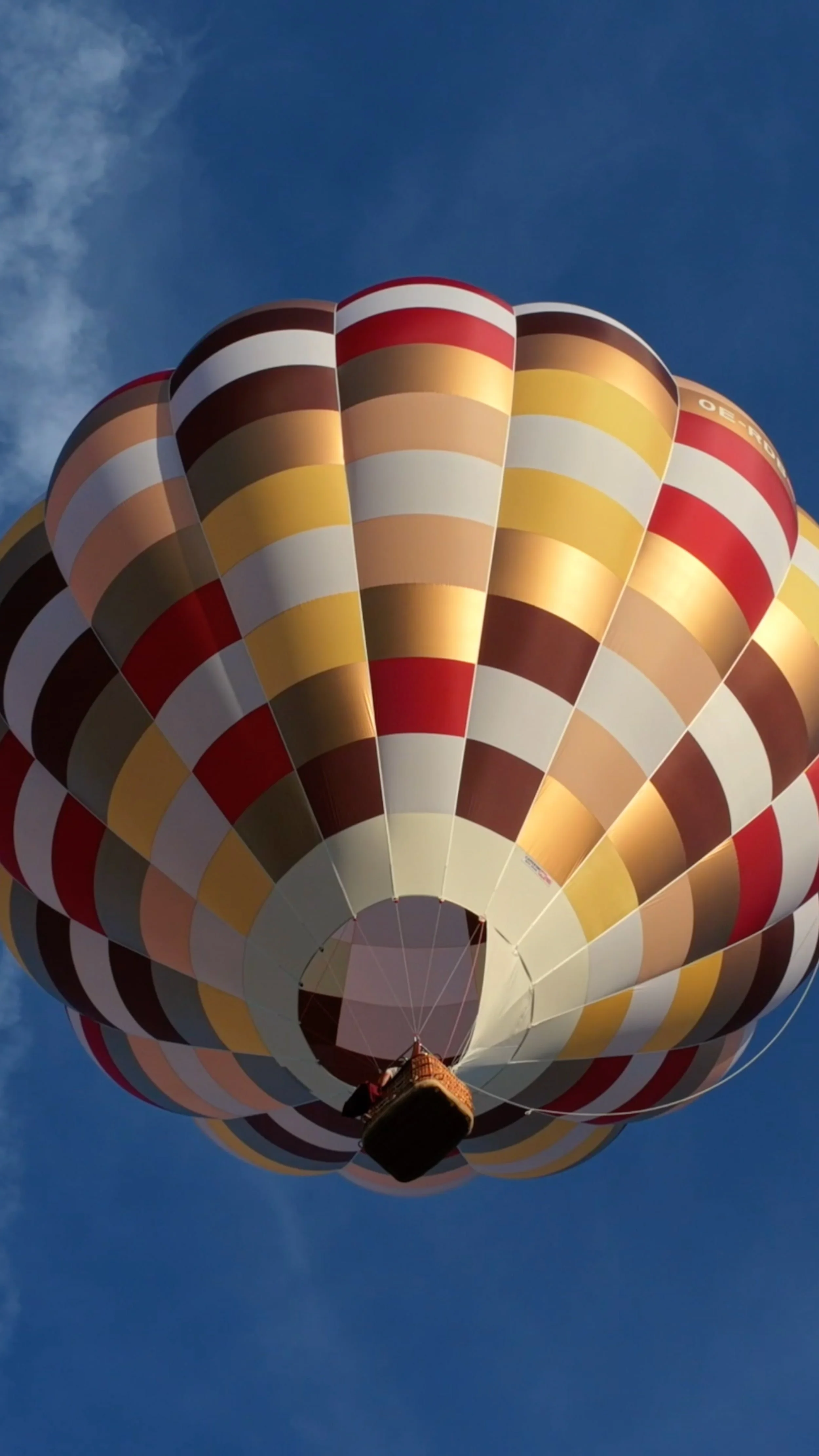 Ein Heißluftballon entschwebt in den blauen Himmel.