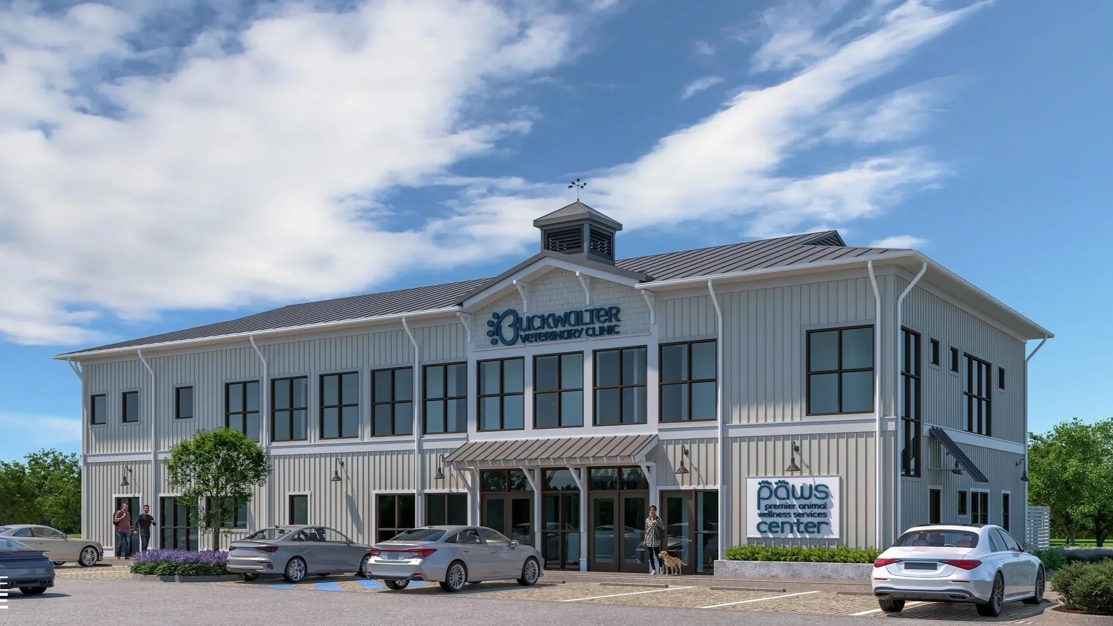 Exterior of a veterinary clinic building with parking lot, a few people, and a person walking a dog.
