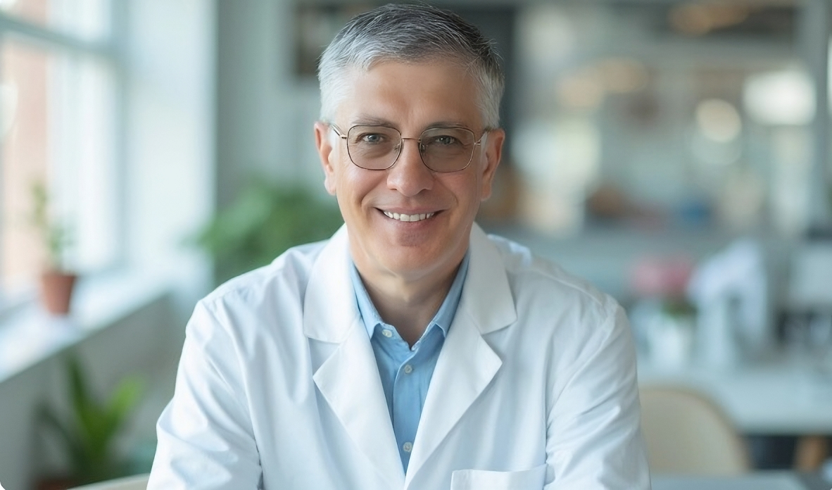 A smiling middle-aged man with glasses and gray hair, wearing a white medical coat, sitting in a bright, modern medical or office setting.