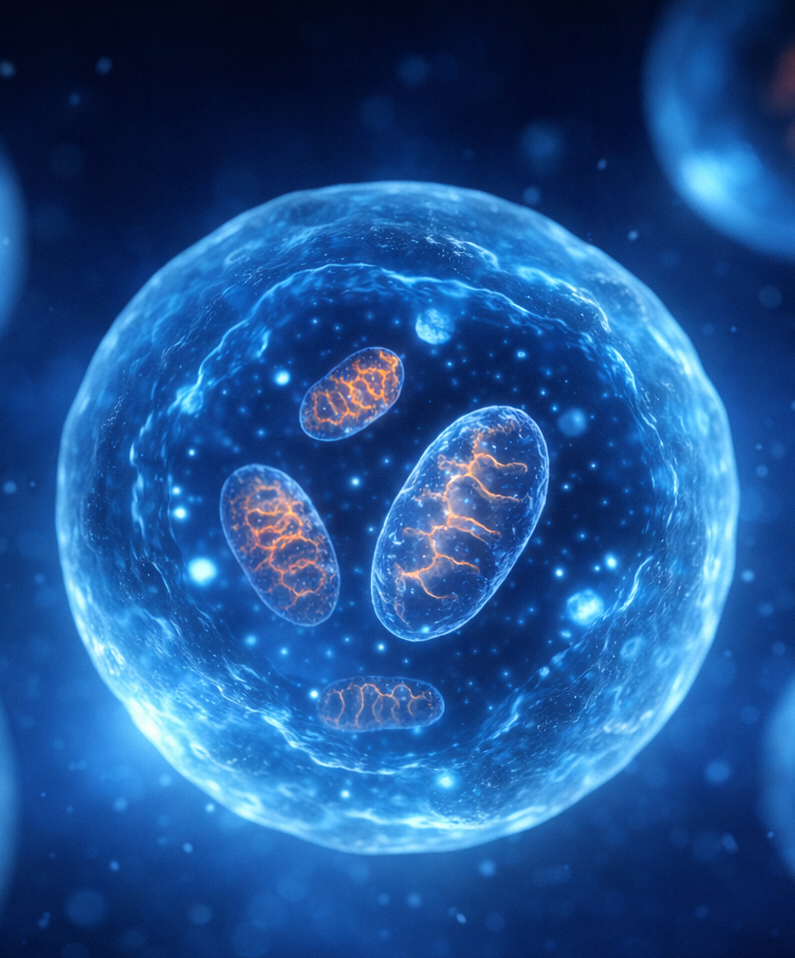 A digitally rendered image of a single cell with mitochondria inside, set against a blue cosmic background with other cells in the distance.