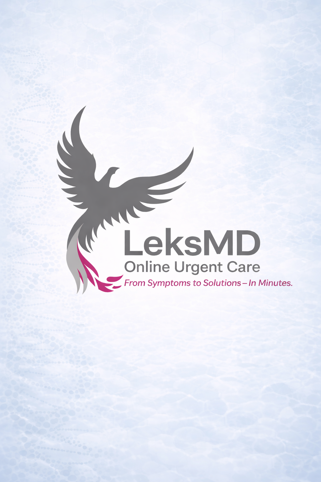 A logo for LeksMD, an online urgent care service, featuring a stylized bird with a gray body and pink tail feathers, and the text "LeksMD" with the tagline "From Symptoms to Solutions - In Minutes."