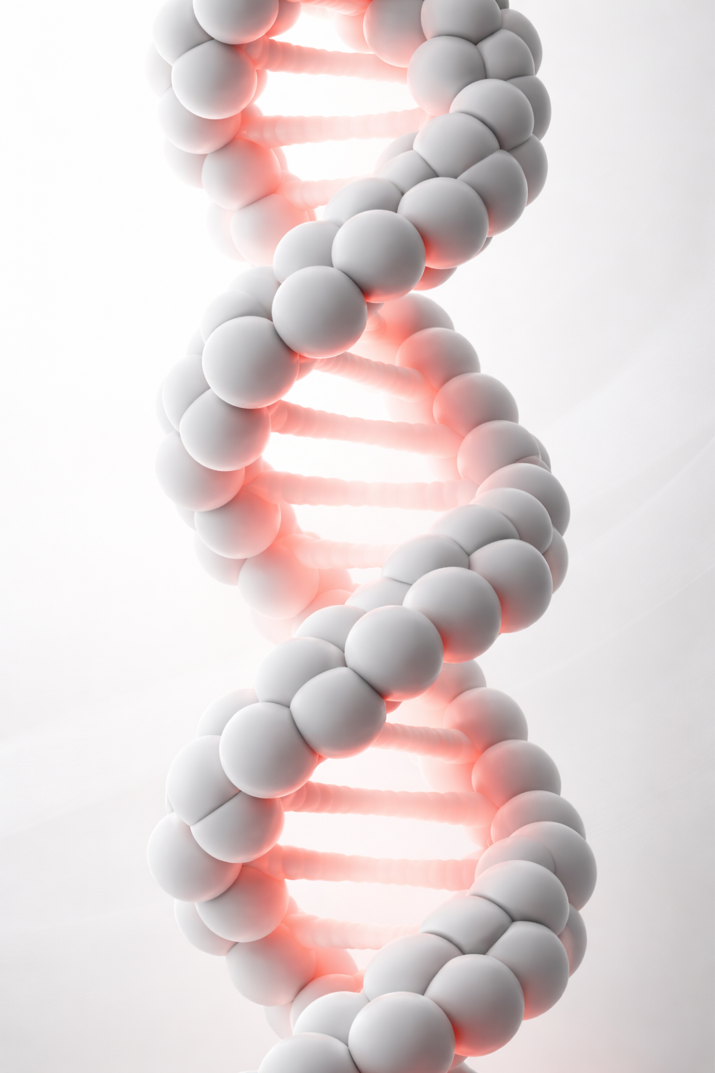 A stylized 3D model of a DNA double helix with white spheres representing the nucleotide bases and pink connectors, set against a white background.