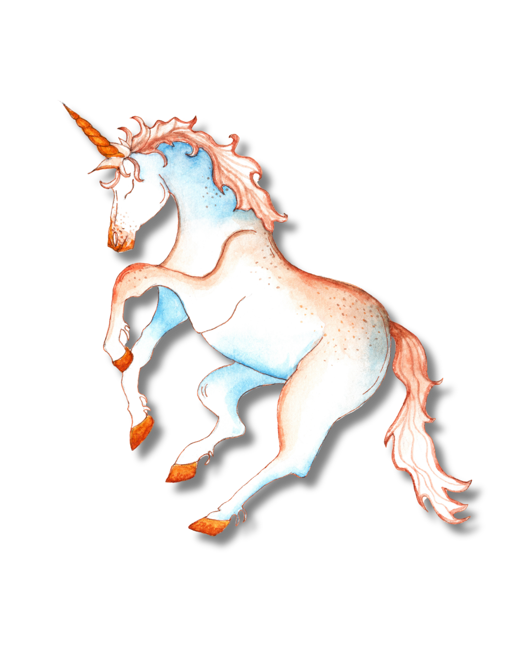 Watercolor illustration of a blue and white unicorn with a orange mane and tail, upright on its hind legs against a black background.