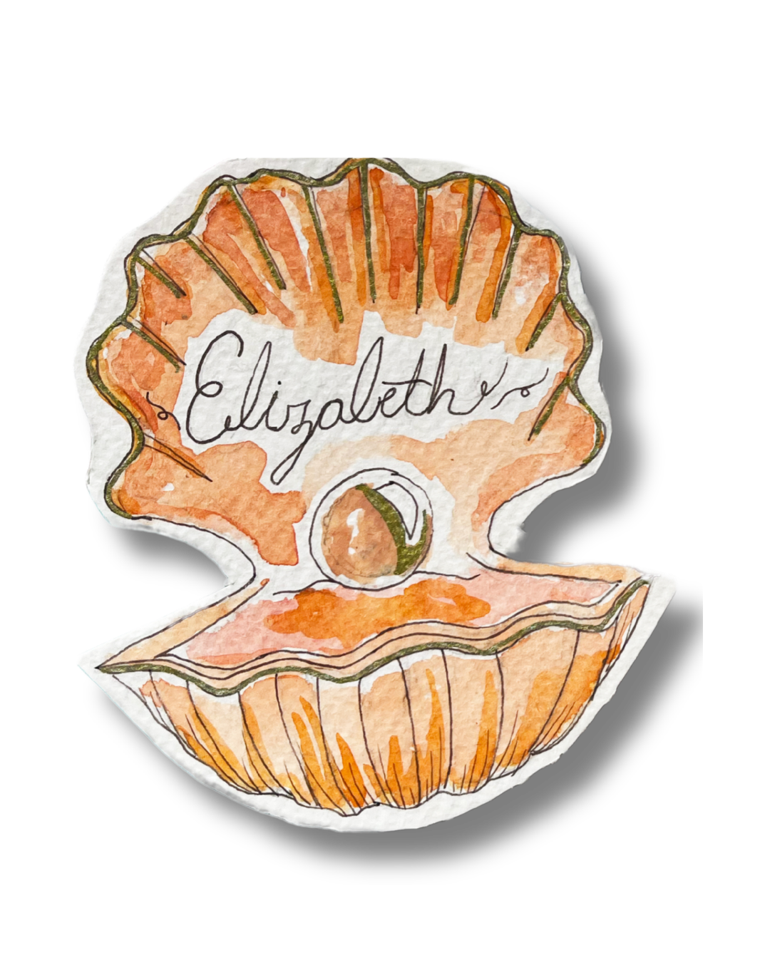 Watercolor illustration of an open seashell with the name 'Elizabeth' written inside, set against a black background.