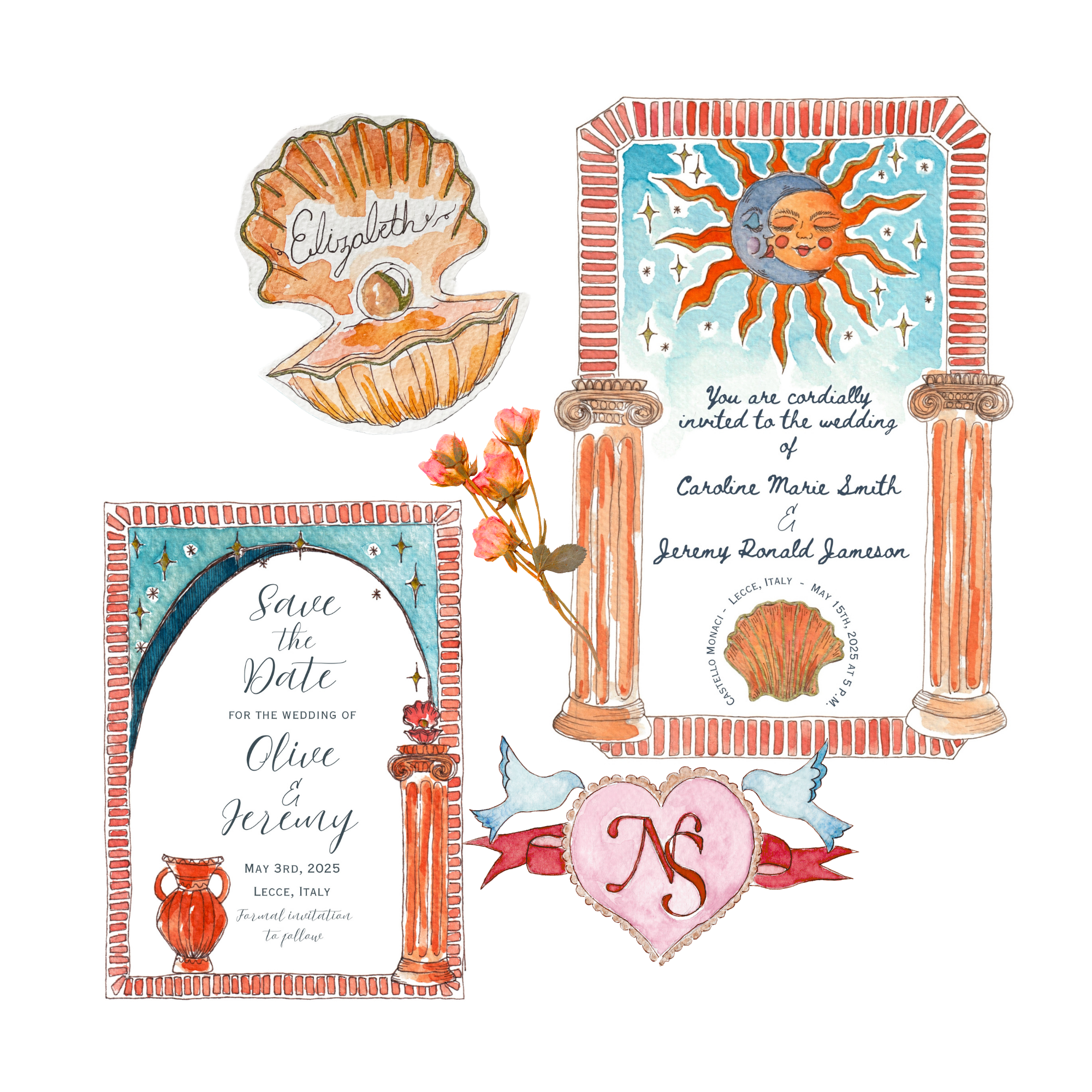 Watercolor wedding invitations featuring a sun and moon motif with floral and architectural designs, includes text for event details.