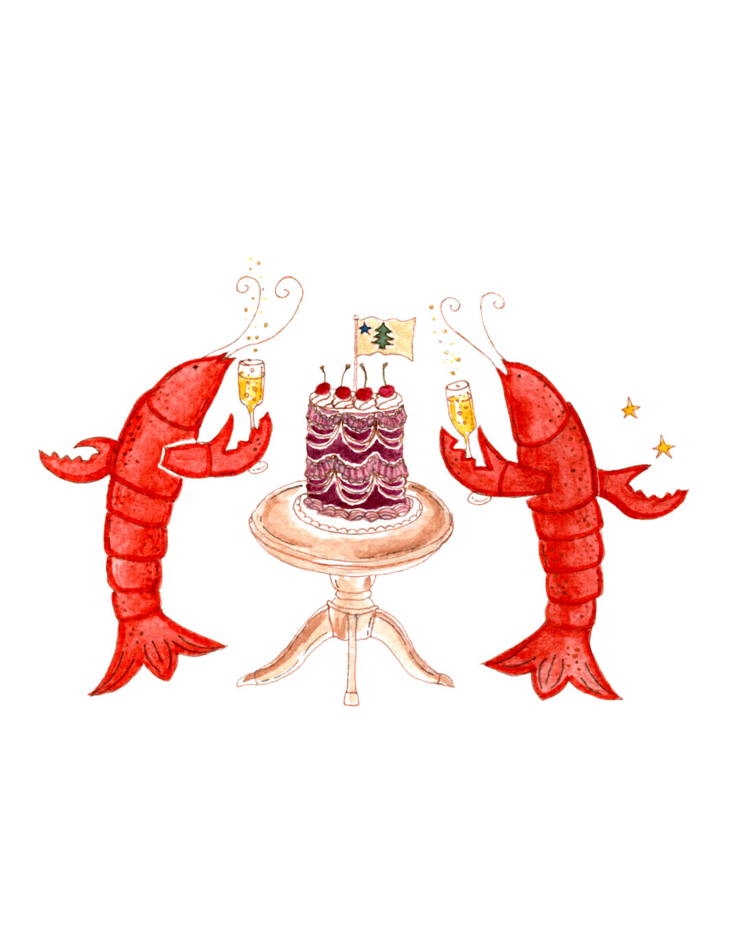 Two red lobsters holding champagne glasses and celebrating around a festive cake on a table.