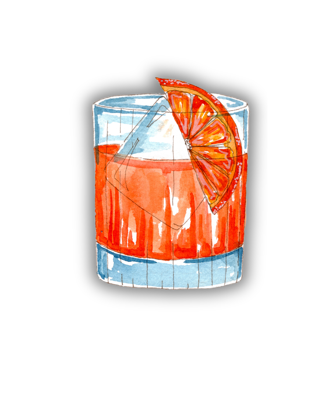 Watercolor painting of a glass with a drink, ice, and a slice of orange on the rim, set against a black background.