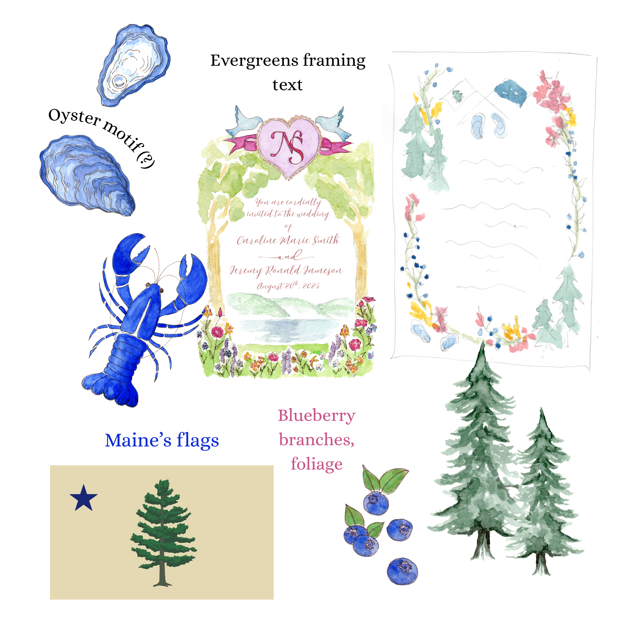 Invitation to a wedding with watercolor illustrations of trees, blueberries, and a lobster, featuring a heart with initials 'NS' and the date August 20th, 2025.