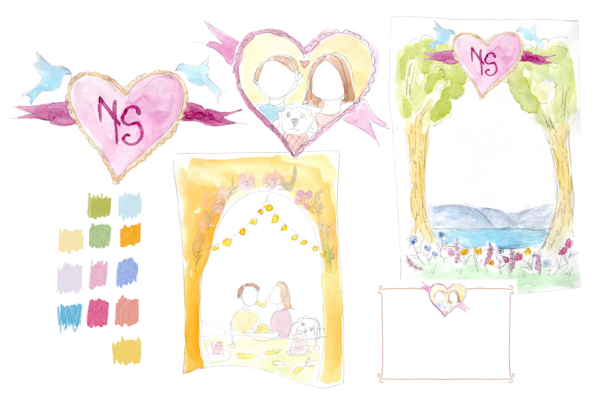 Soft watercolor-style illustrations of wedding or romantic event decorations, including heart-shaped signs with initials, a floral arch, a beach scene, and couple portraits.