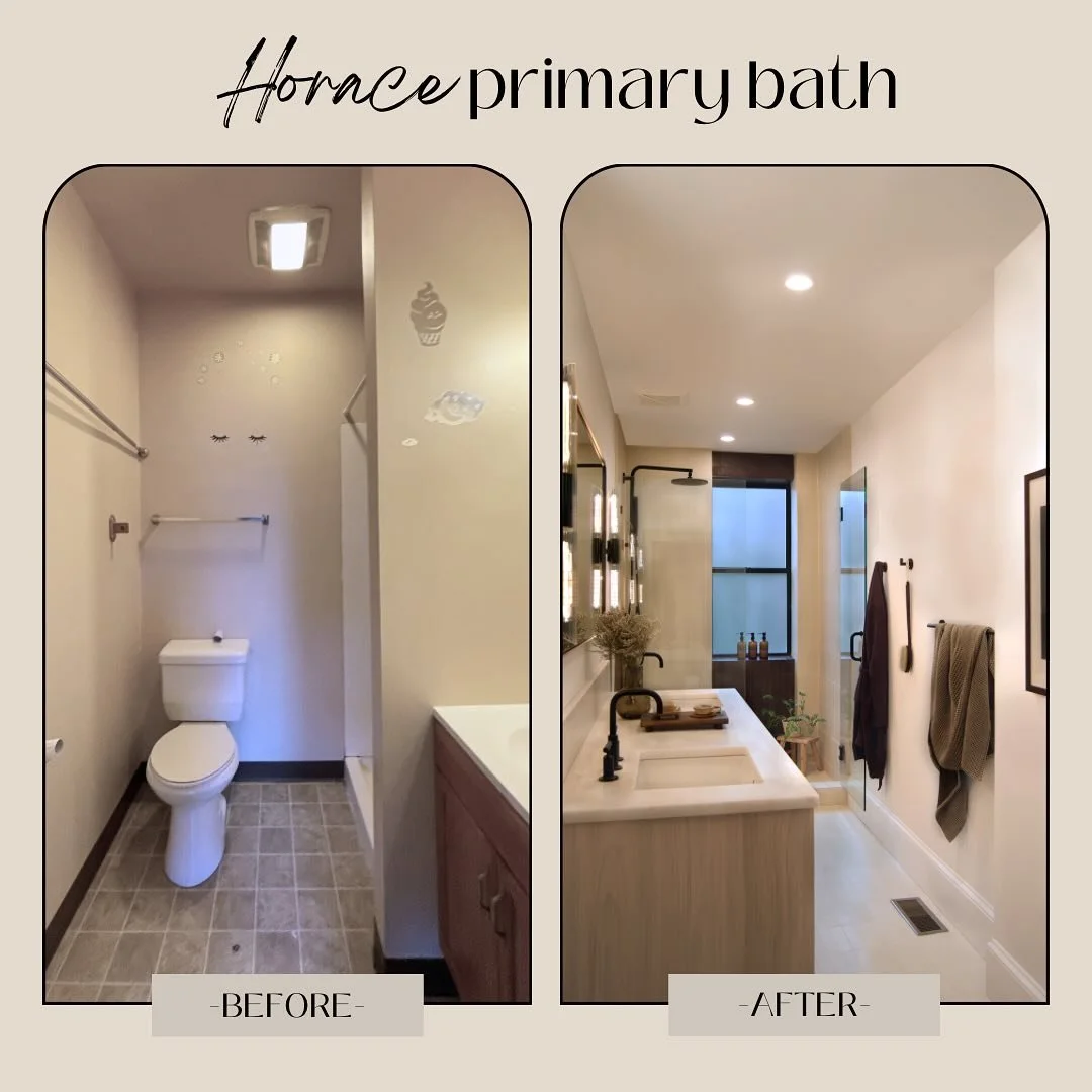 Horace&rsquo;s primary bath deserves a solid before and after post.  Swipe to see &lsquo;em all 👉🏼

#horacethehouse #marloandkroft #interiordesign #architecture #remodel #bathroom