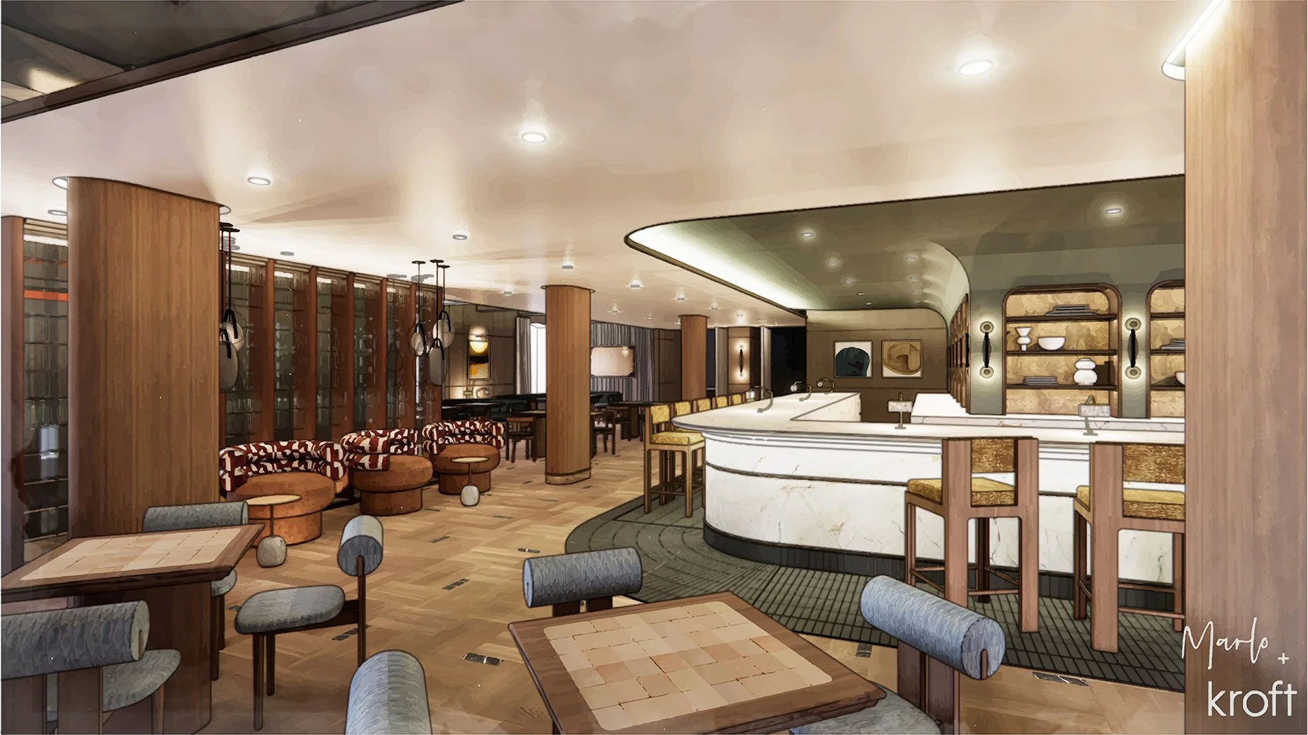 Interior rendering of a restaurant and bar with a curved marble counter and wood paneling, representing Marlo and Kroft's design work