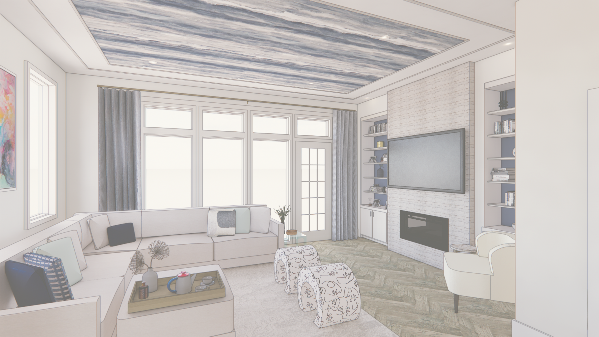 Rendering of a living room with a wave-print statement ceiling, tiled fireplace, and built-in navy shelving in Sleepy Hollow, NY