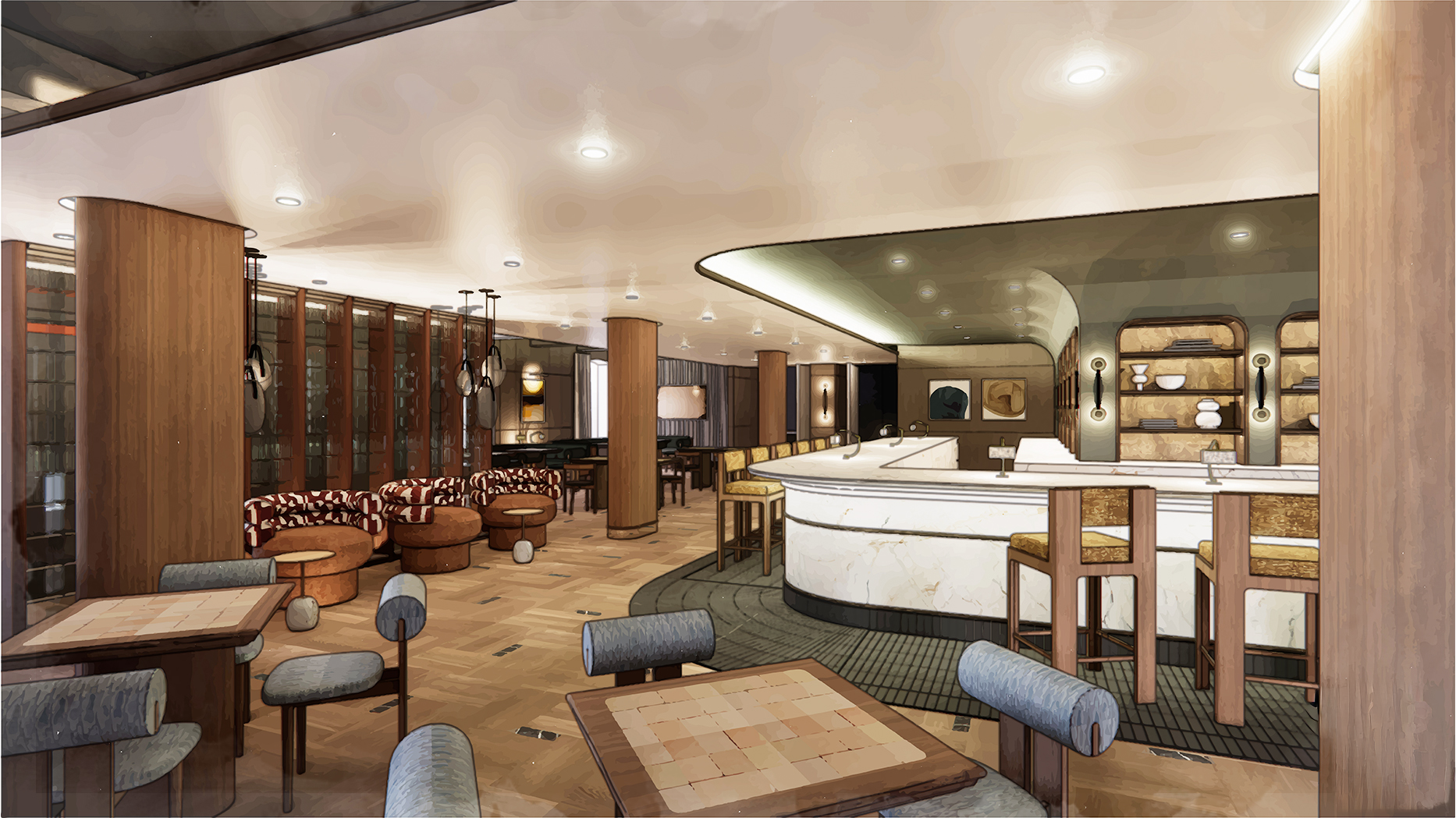 Conceptual rendering of a restaurant and bar with a curved white marble counter, wood paneling, and textured booth seating for a social club concept at 510 West 27th Street, NYC