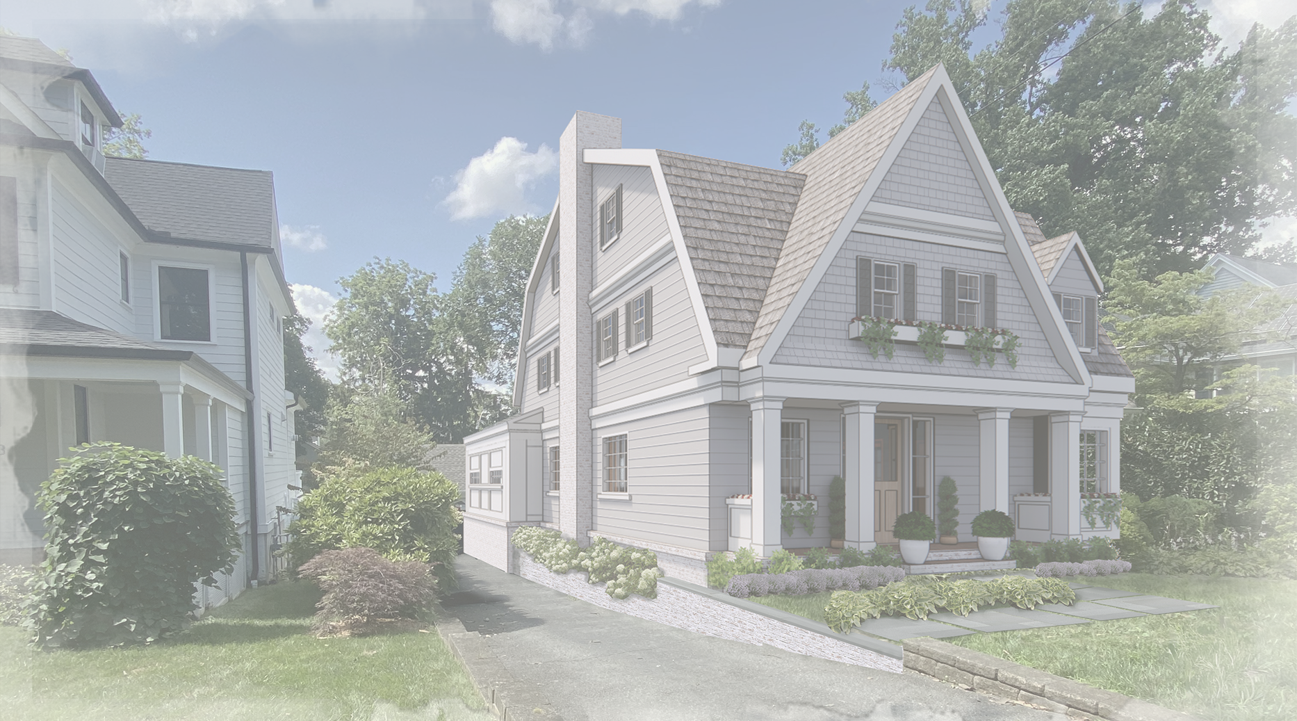 Rendering of a ground-up cottage-style home with a gambrel roof, wraparound front porch, and shingle and clapboard siding in Madison, NJ