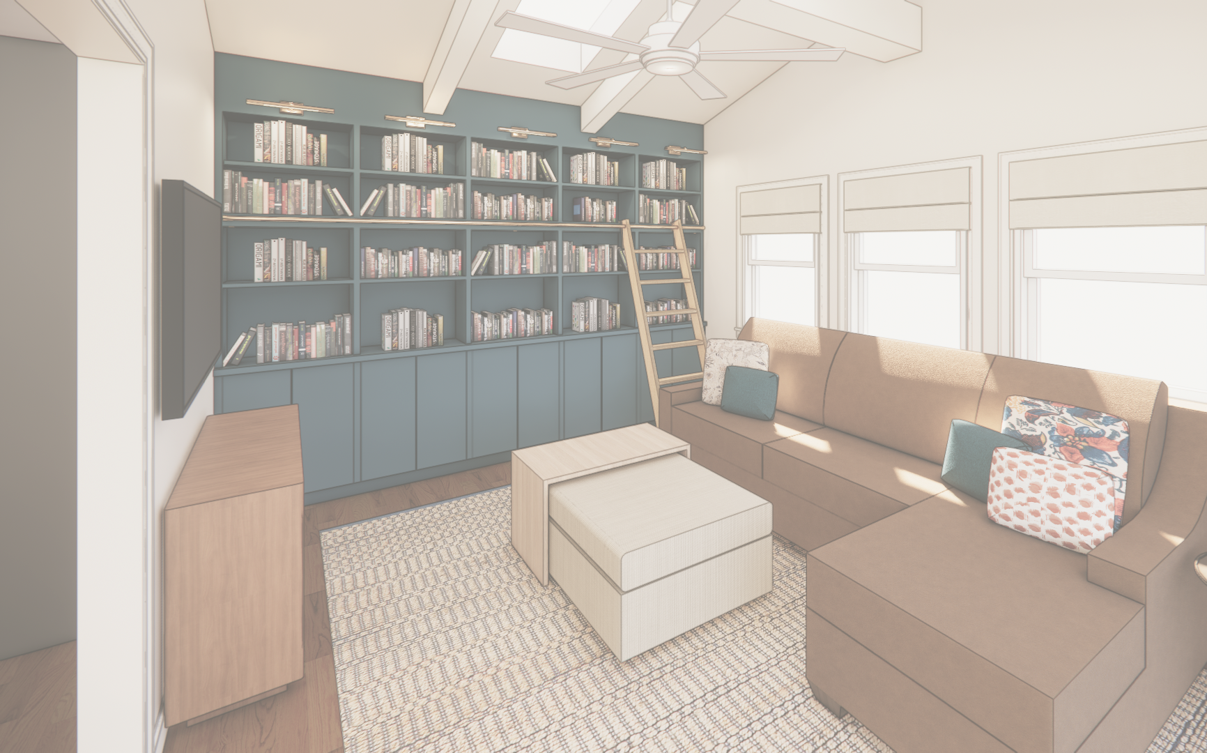 Rendering of a sunroom with built-in navy bookshelves, a library ladder, and a sectional sofa in a multi-phase residential renovation, Westfield, NJ