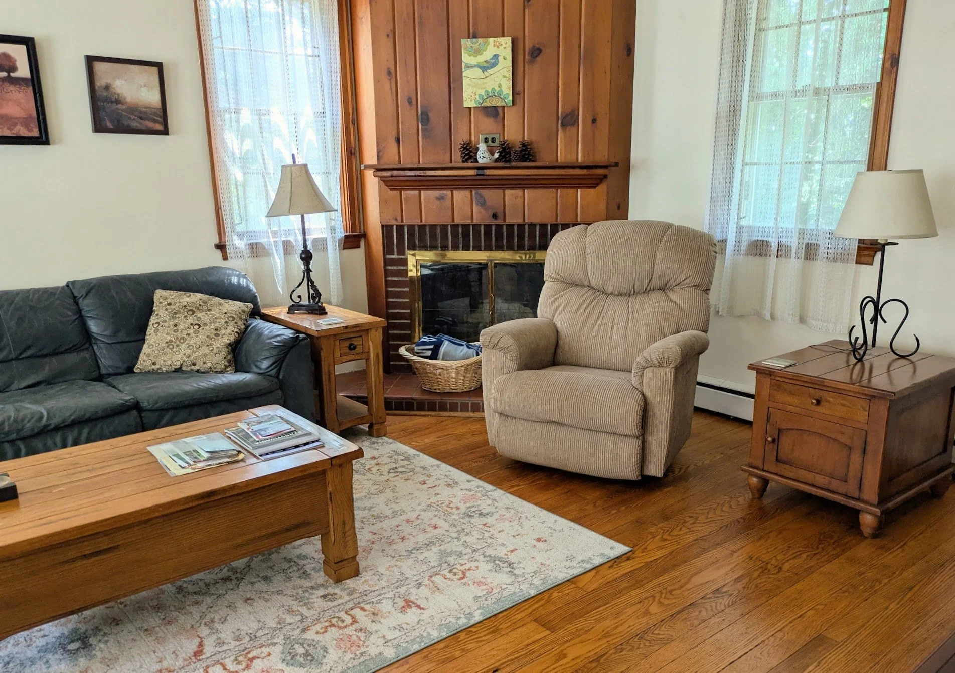 Recliner, sofa, fireplace (non functional)