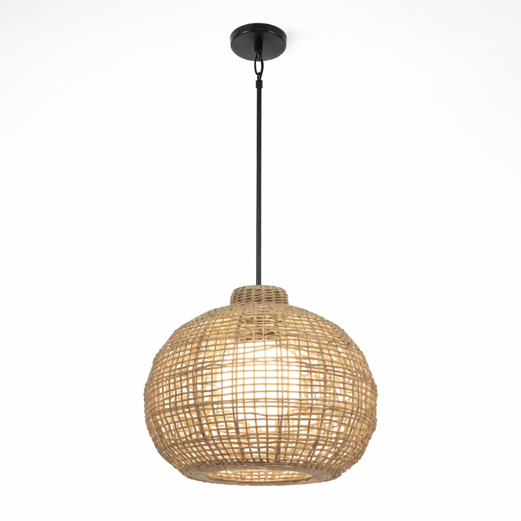 A woven pendant light adds a soft glow beneath the pergola, creating warmth and atmosphere as day turns to night. Its natural texture balances the outdoor setting while providing intentional lighting for gatherings below.