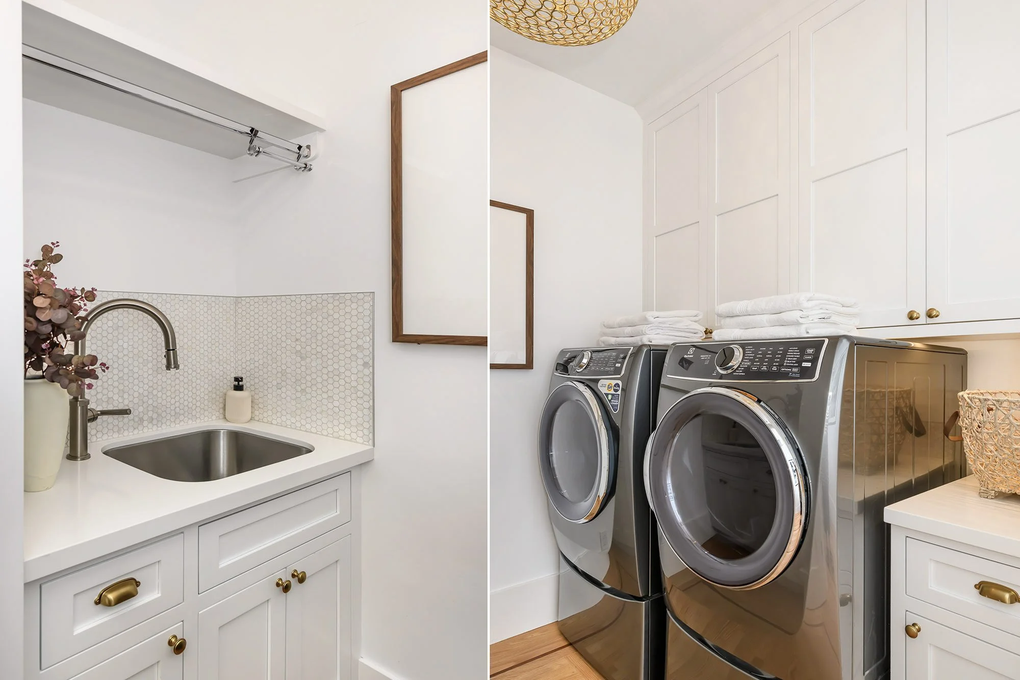 Split image showing a laundry room with a white sink, flowers, soap dispenser, and a mirror on the left side; stacked washing machine and dryer with folded towels on top, white cabinets, and a basket on the right side.