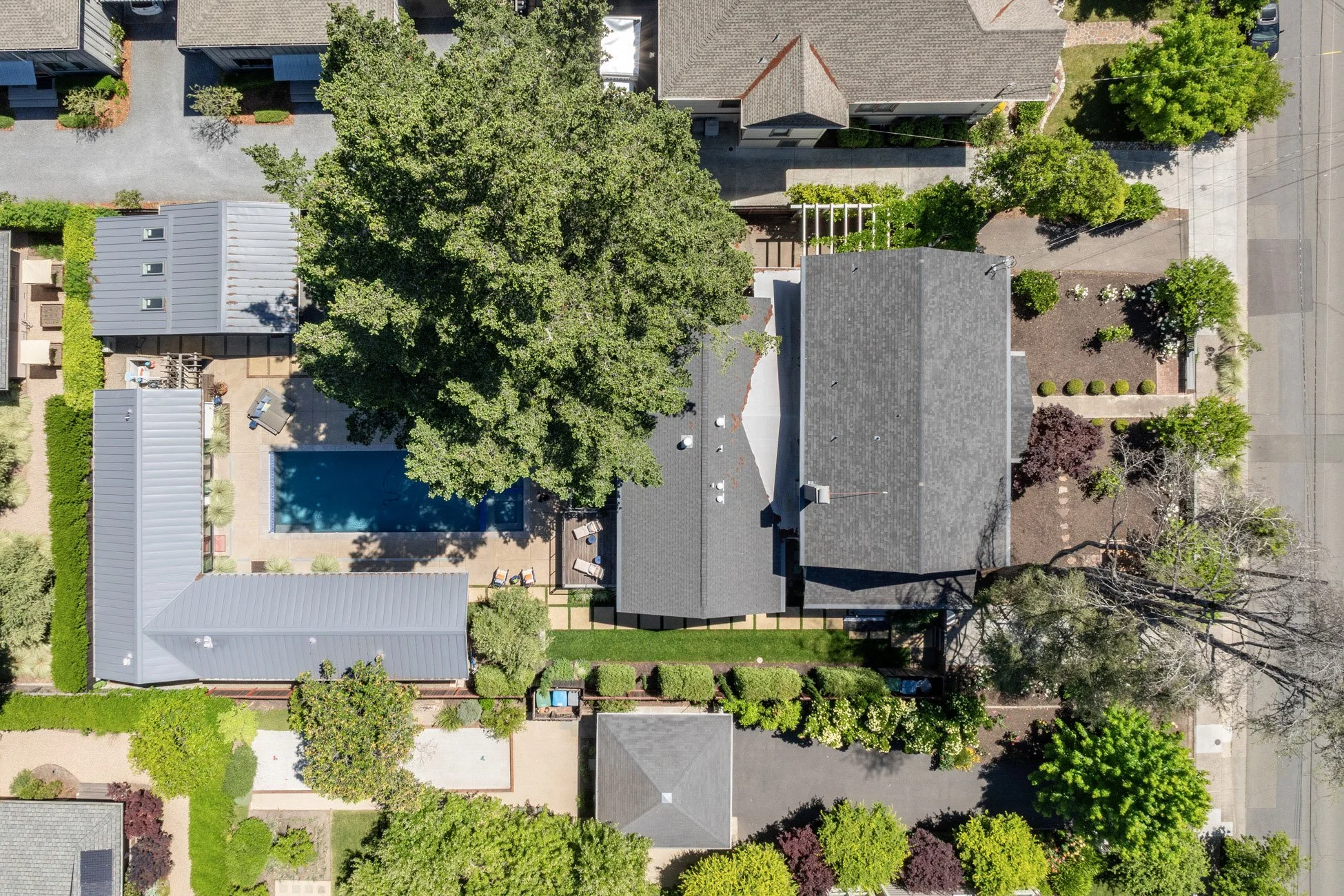 Aerial view of a residential backyard with a swimming pool, surrounded by trees, shrubs, and patio furniture, and neighboring houses in a suburban neighborhood.