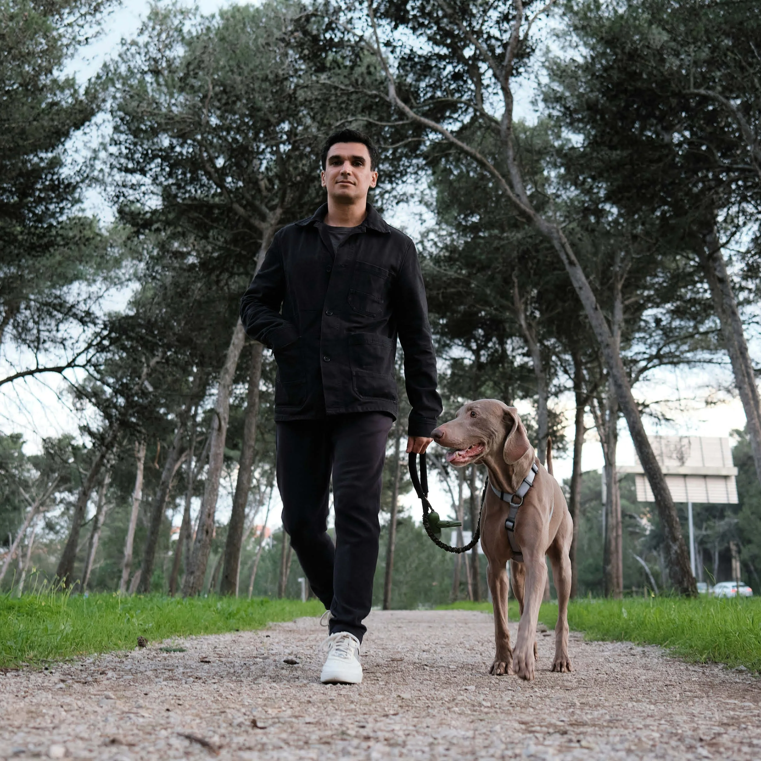 A man walking a brown dog on a leash in a wooded park area.