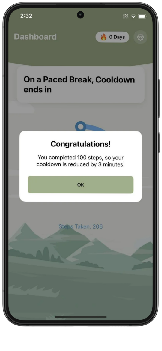 Paced app screen showing 100 steps completed to reduce screen time cooldown by 3 minutes