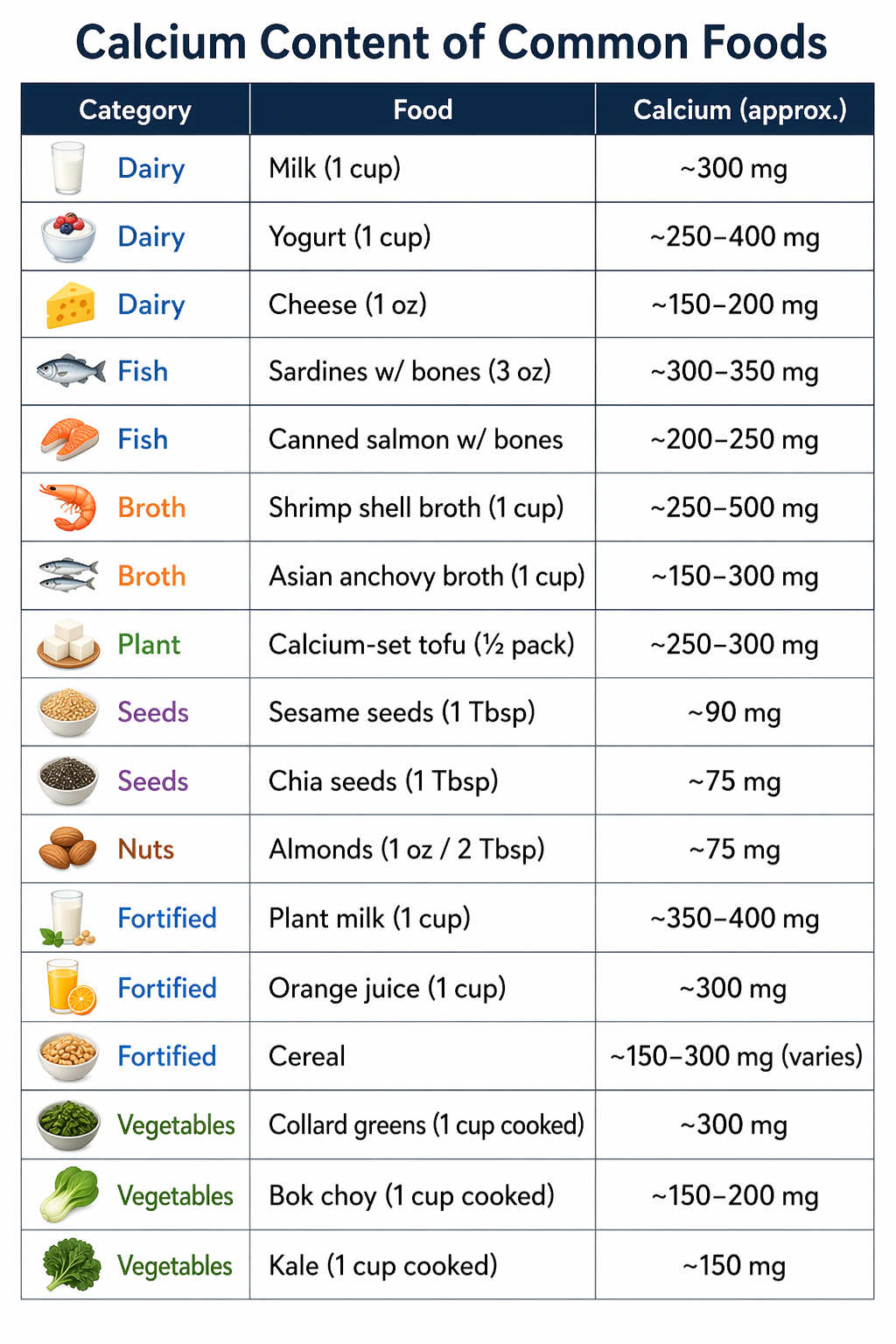 a table of common high calcium foods from dairy, seafood, broth, plant proteins, nuts, seeds, fortified foods, and vegetables