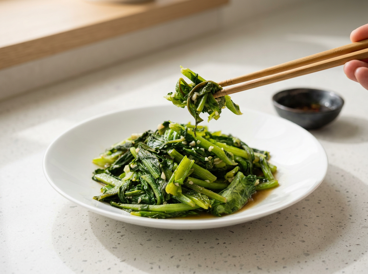 Chinese garlic A choy stir fry on a white plate with chopsticks, featuring tender leafy greens cooked with minced garlic and savory seasonings.