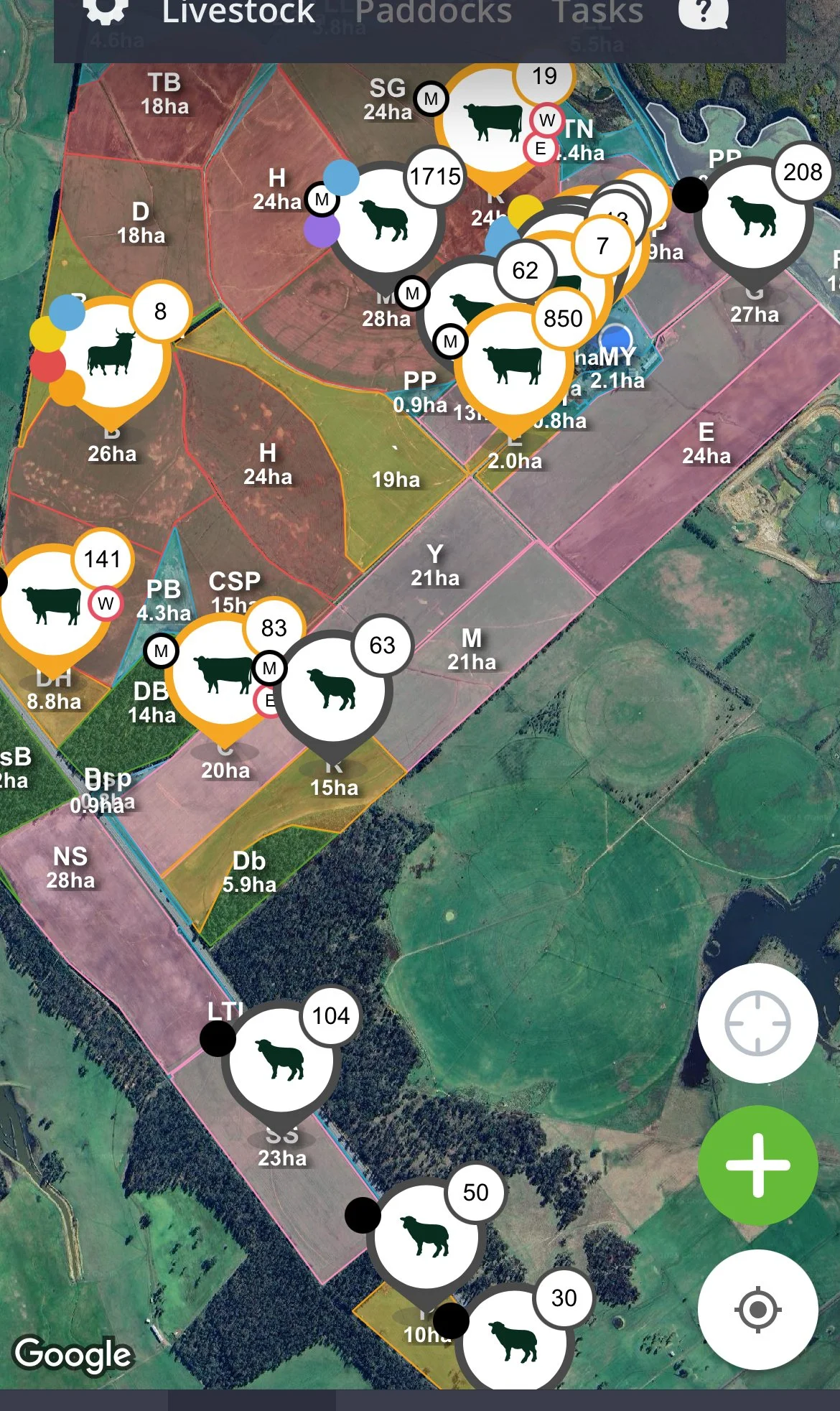 Map showing various land plots designated for livestock grazing, with icons of cows, land size in hectares, and different colored boundaries.