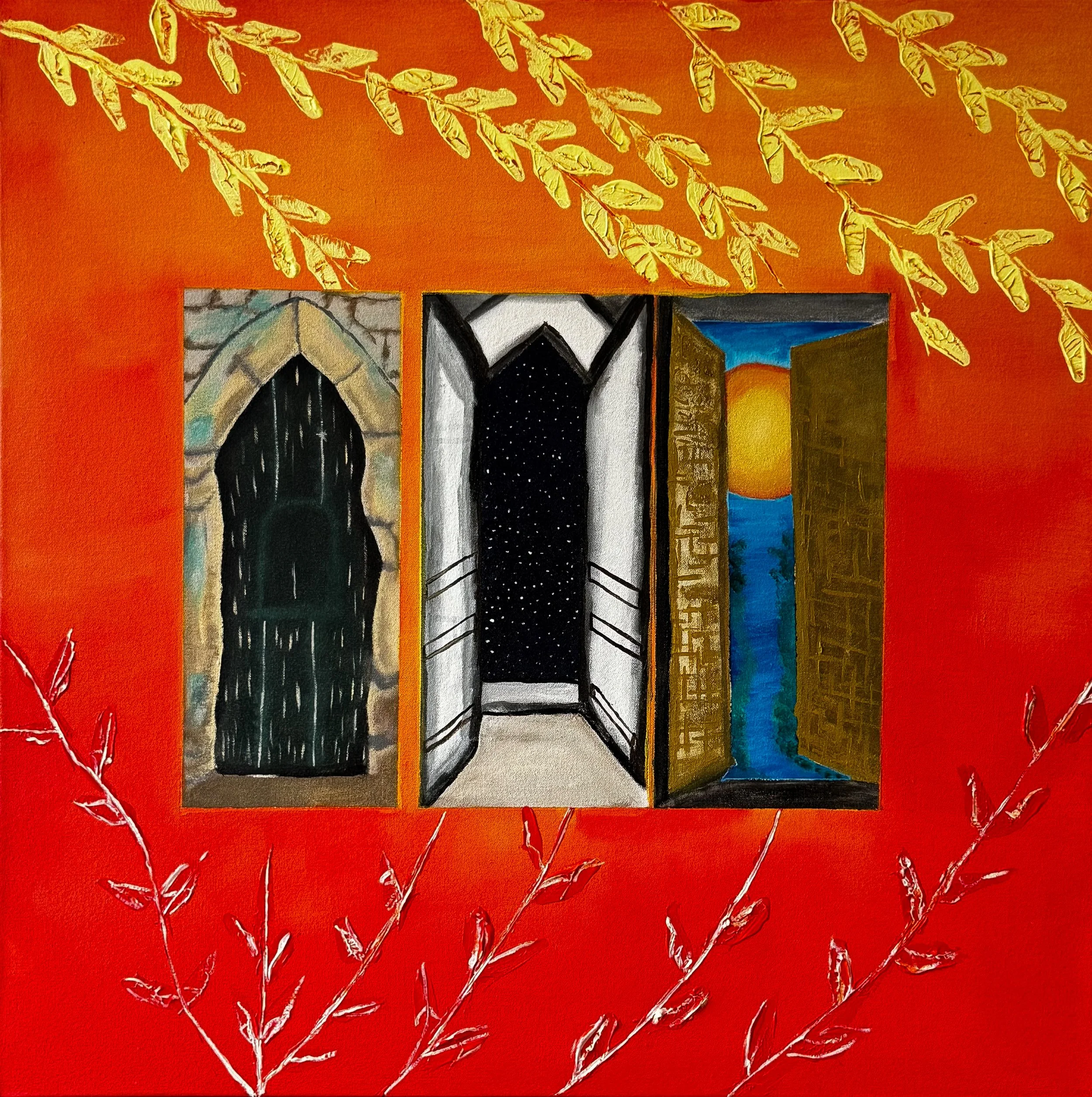 Painting of three doors on a red-orange background with yellow leaves at the top and white branches at the bottom. The first door is a stone arched door with rain falling. The second door is open, revealing a starry night sky. The third door is open, showing a sunset over water.