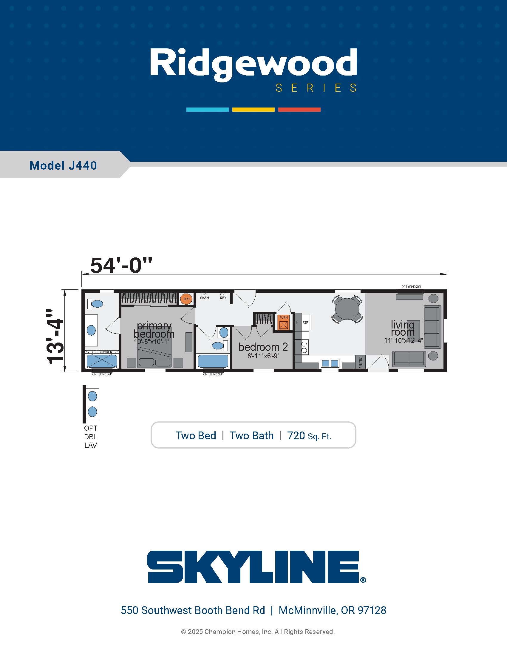 Image of a blueprint or floor plan for a Skylines modular home with details about room dimensions and layout, featuring two bedrooms and two bathrooms, located at 550 Southwest Booth Bend Rd, McMinnville, OR 97128.