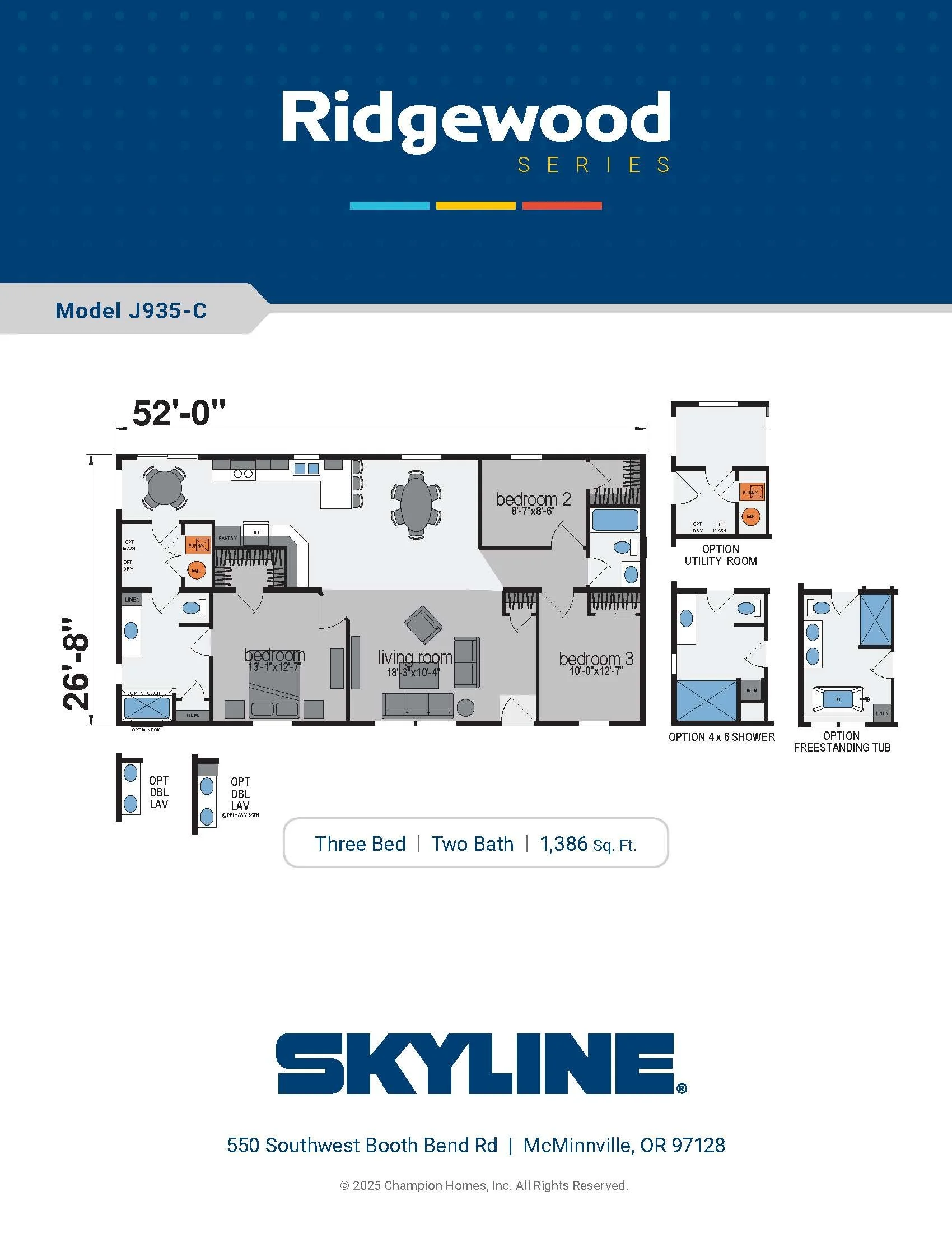A digital brochure for the Ridgewood series manufactured home by Skyline, featuring a floor plan of a three-bedroom, two-bath home with details about rooms and dimensions, and listing the company's contact information in McMinnville, Oregon.