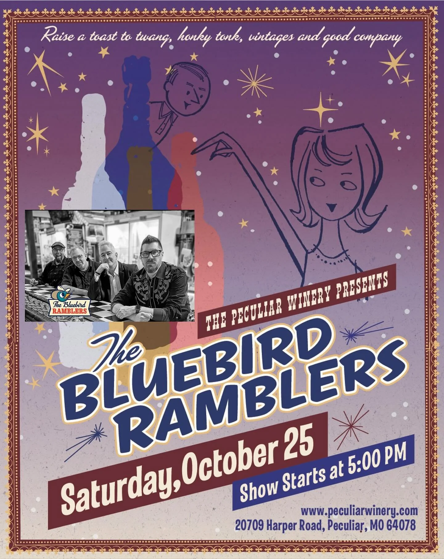 Join us Saturday, October 25 at Peculiar Winery! 5-8pm.  Honky Tonk music from America&rsquo;s Golden Era!