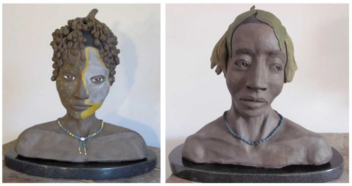 "Surma 1" 2013, clay, matte underglazes (12 x 12 x 8"); "Surma 2" 2013, clay, matte underglazes (16 x 14 x 8")