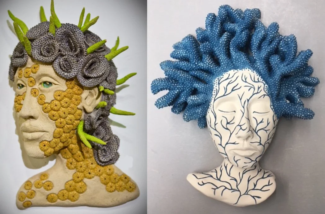 "Coralized 10" (15 x 9 x  5"); "Coralized 2" (12 x 11 x 5"). Both pieces: 2017, clay, underglazes