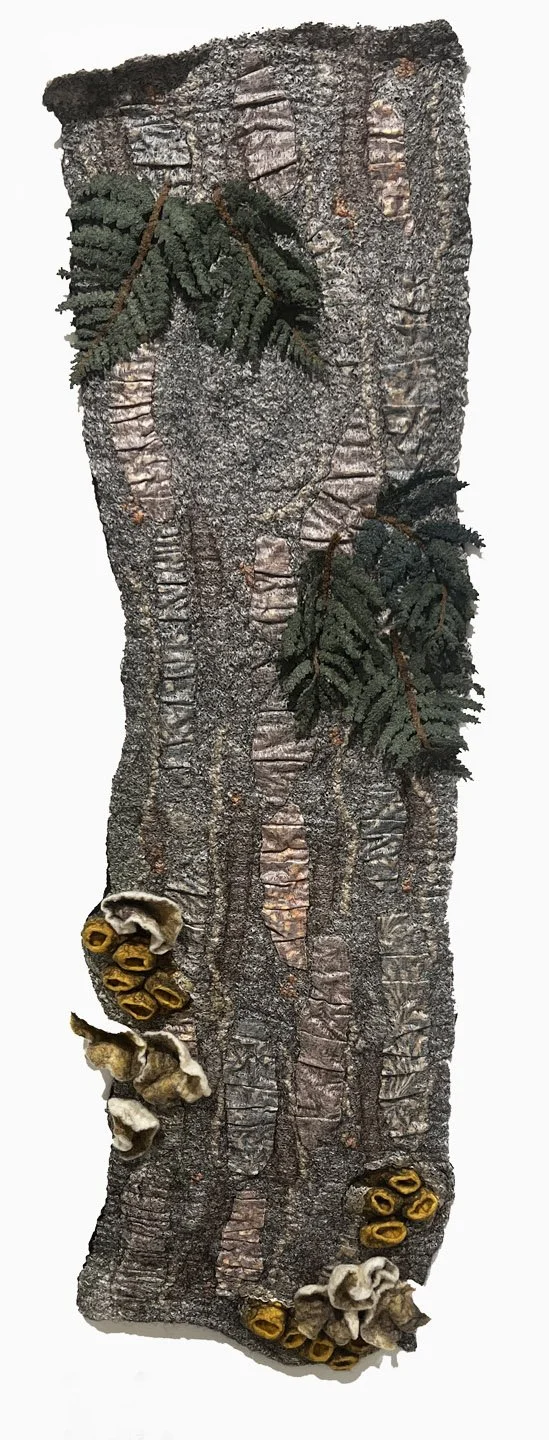 "Epiphytes 10" 2023, wool roving, embroidery thread, gauze, cotton fabric (38 x 12 x 3”)