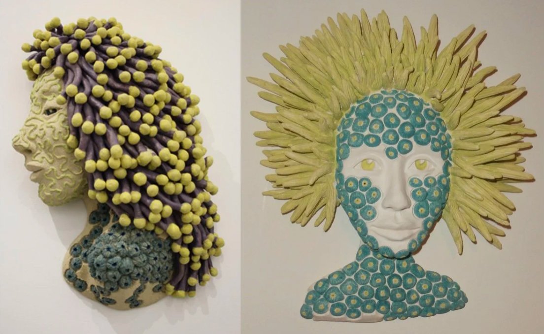 "Coralized 9" (11 x 9 x 5"); "Coralized 4" (14 x 11 x 5"). Both pieces: 2017, clay, mason stains, underglazes