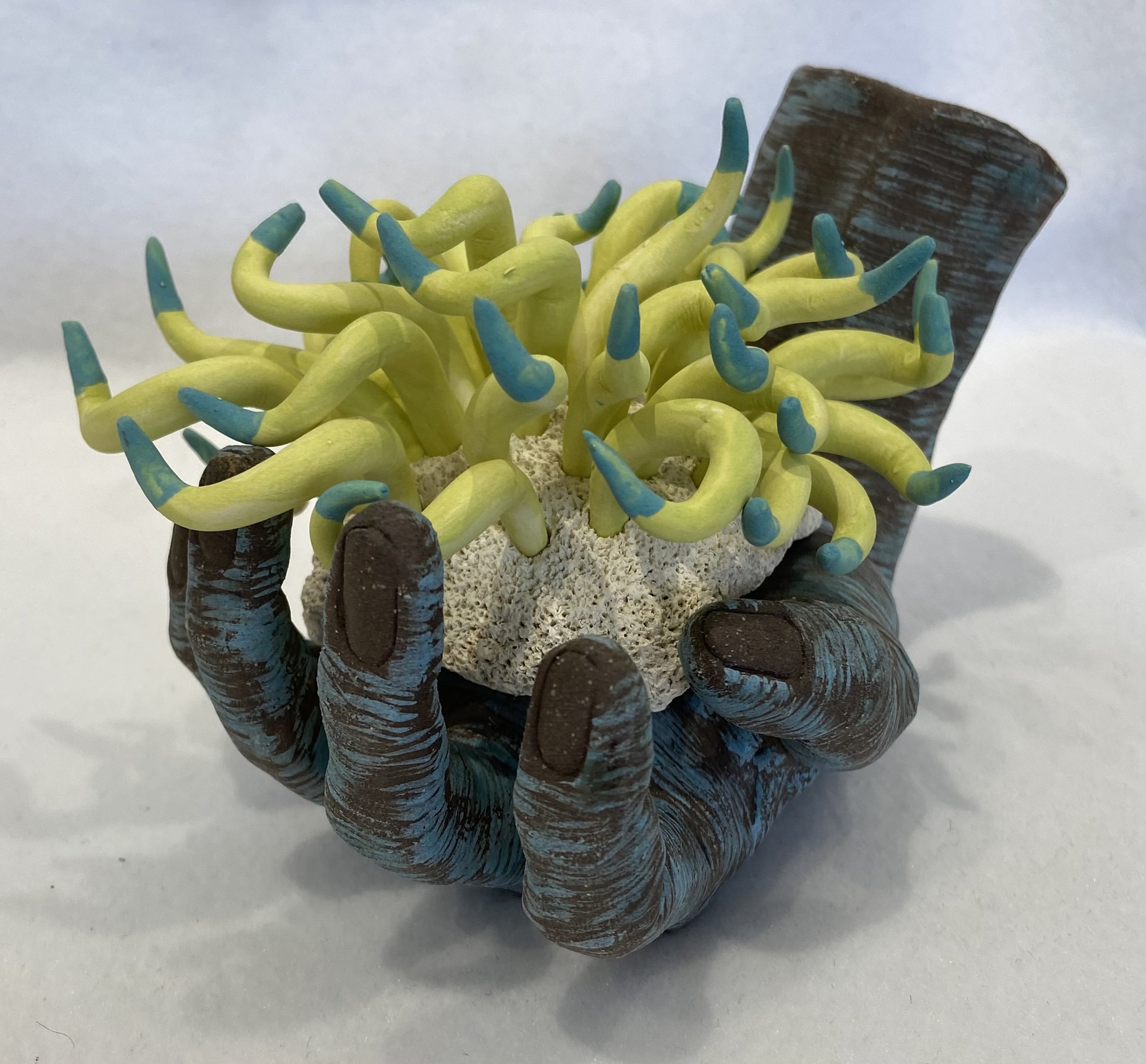 "In Your Hands 6"  2022, clay, matte underglazes (5 x 8 x 6")