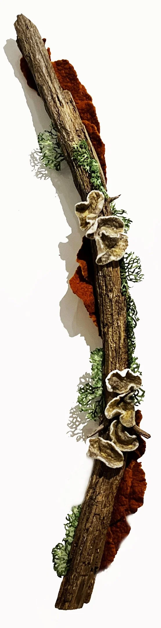 "Epiphytes 2" 2024, wool roving, embroidery thread, tree branch (43 x 14 x 4")
