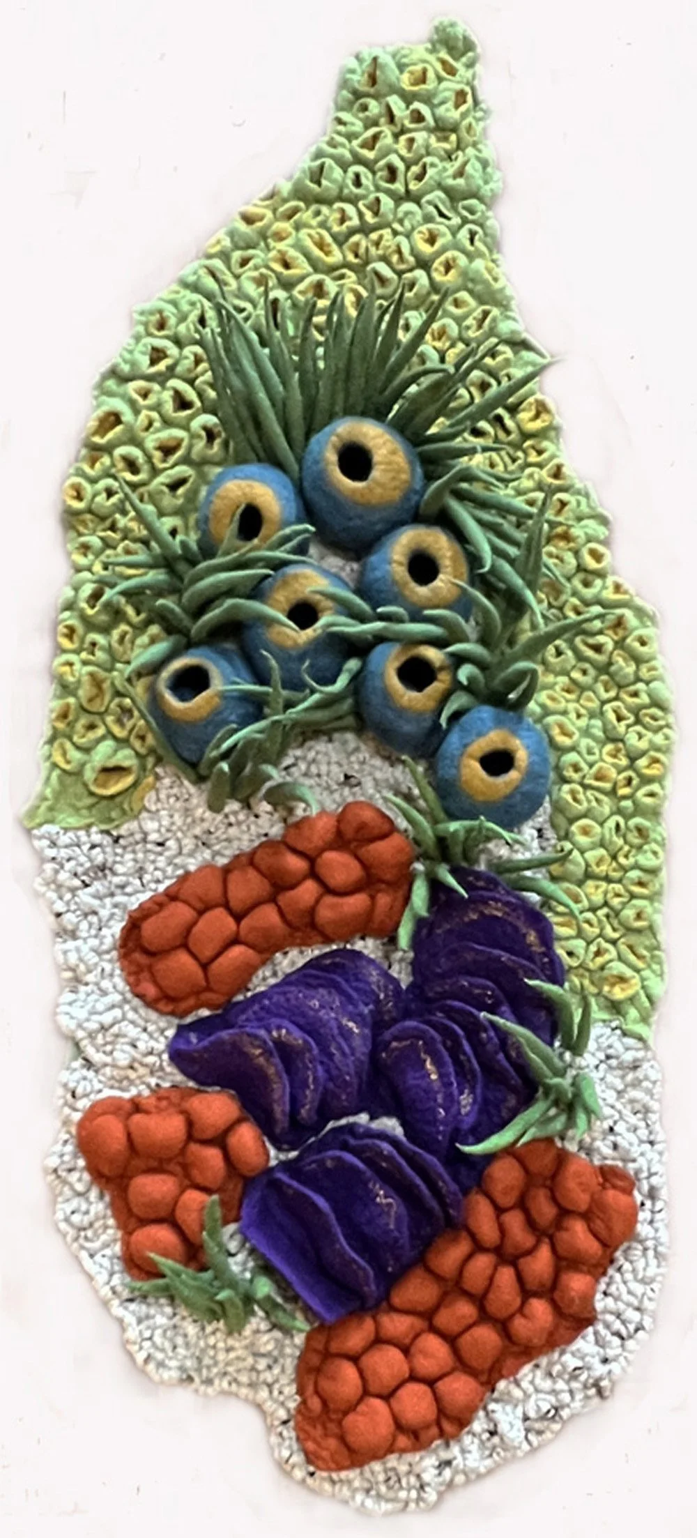 "Coral Cluster" 2024, wool roving, yarn, hooked rug grid (33 x 15 x 4“)