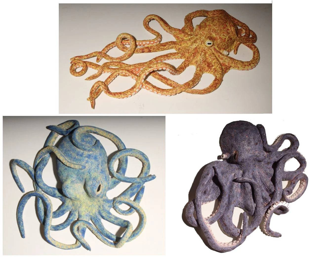 "Octopus 3" 2018 (23 x 10 x 5"); "Octopus 2" 2020 (17 x  17 x 5"); "Octopus 1" 2018 (16 x 14 x 6"). All pieces: clay, underglazes